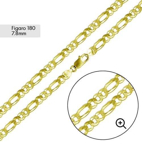 925 Sterling Silver Gold Plated Super Flat Figaro 180 Chain or Bracelet 7.8mm