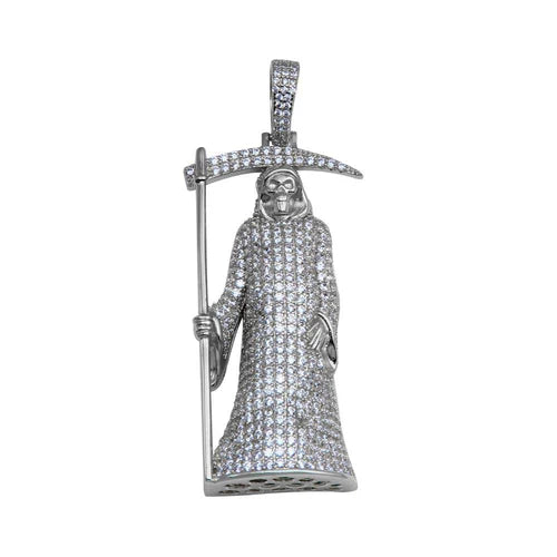 925 Sterling Silver Rhodium Plated CZ Santa Muerte Hip Hop Pendant