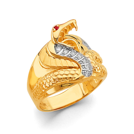 14K Men’s Cobra Head CZ Ring with Synthetic Ruby Eyes