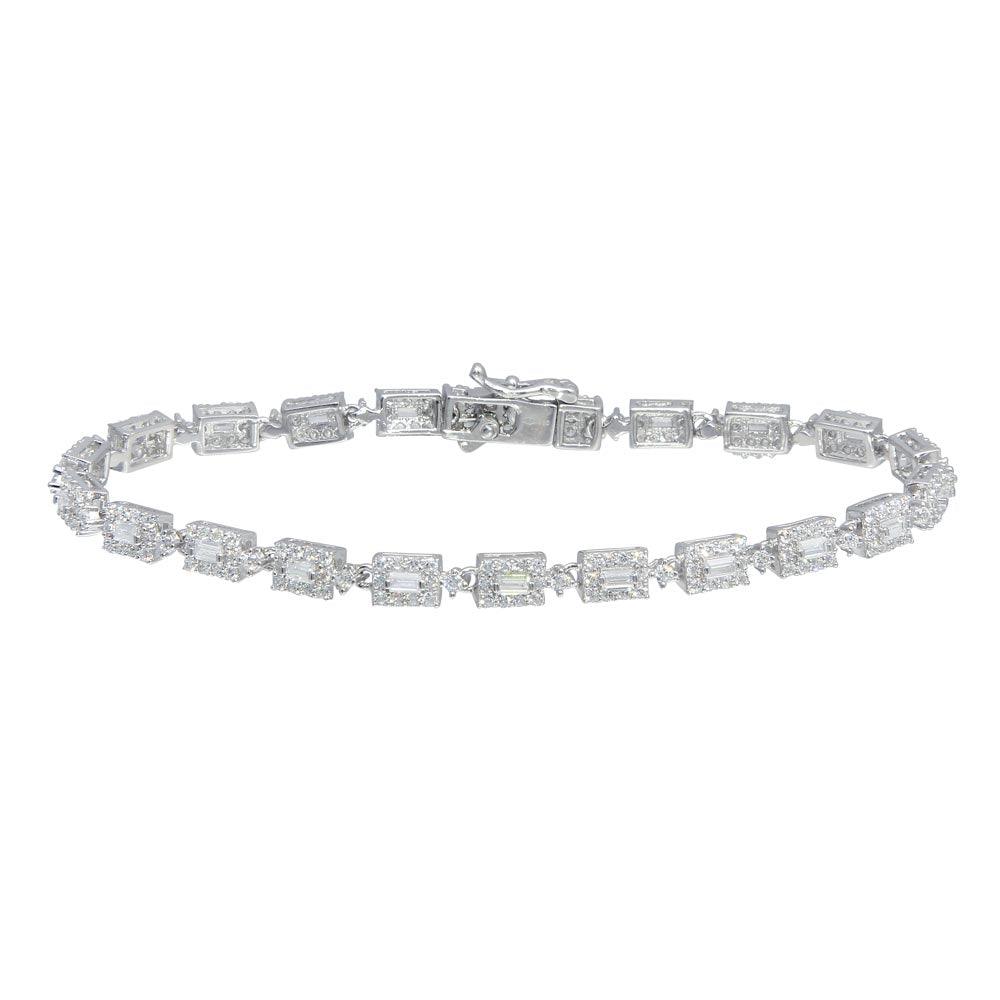 925 Sterling Silver Rhodium Plated  4mm Square Baguette Center CZ Tennis Bracelet