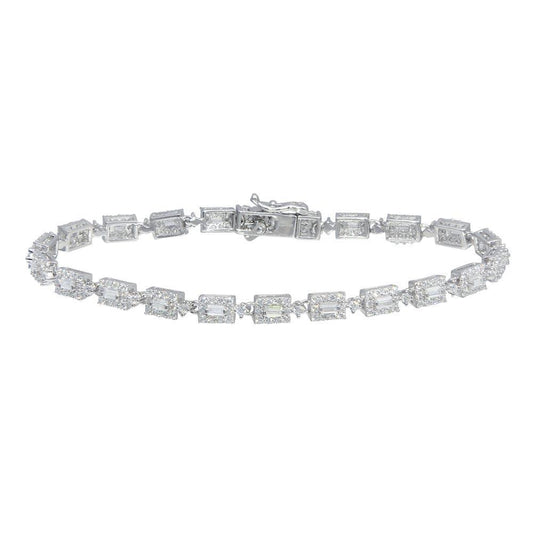 925 Sterling Silver Rhodium Plated  4mm Square Baguette Center CZ Tennis Bracelet