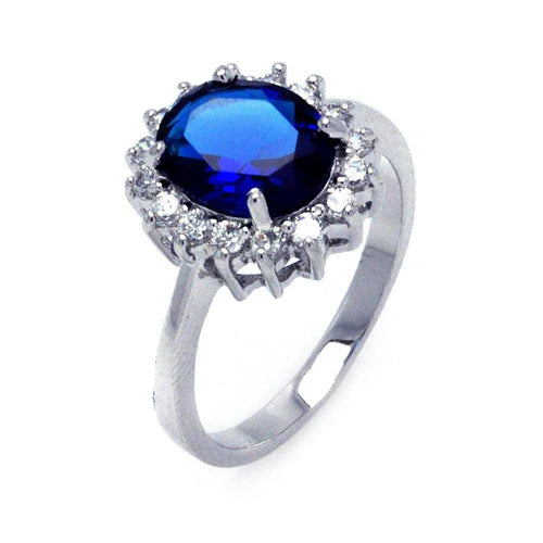 925 Sterling Silver Rhodium Plated Oval Blue and Clear Cluster CZ Flower Ring