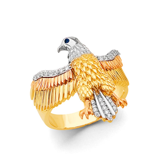 14K Men’s Tri-Color Eagle Ring with CZ Accents and Synthetic Sapphire Eyes