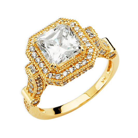 14K Yellow Gold Women's Princess Cut Double Halo Cubic Zirconia Engagement Ring