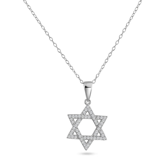 925 Sterling Silver  Rhodium Plated Hebrew Star CZ Dangling Pendant