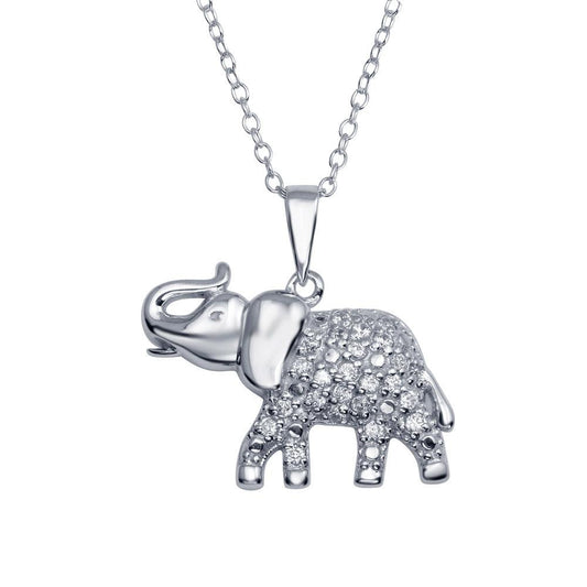 925 Sterling Silver Rhodium Plated Elephant Pendant Necklace with CZ