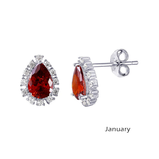 925 Sterling Silver Rhodium Plated Teardrop Halo CZ Birthstone Earrings