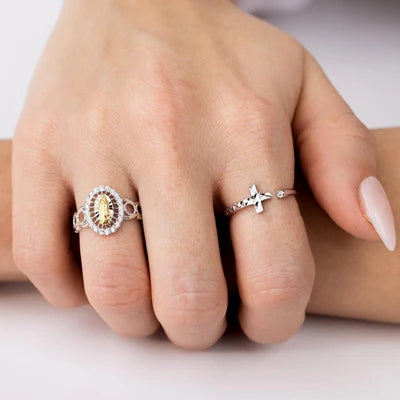 925 Sterling Silver Two-Tone  Lady of Guadalupe Open Circle Shank Ring