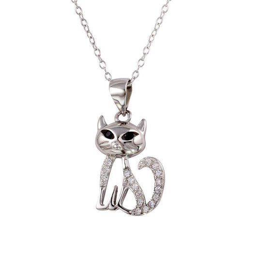 925 Sterling Silver Rhodium Plated Small Cat Pendant with CZ