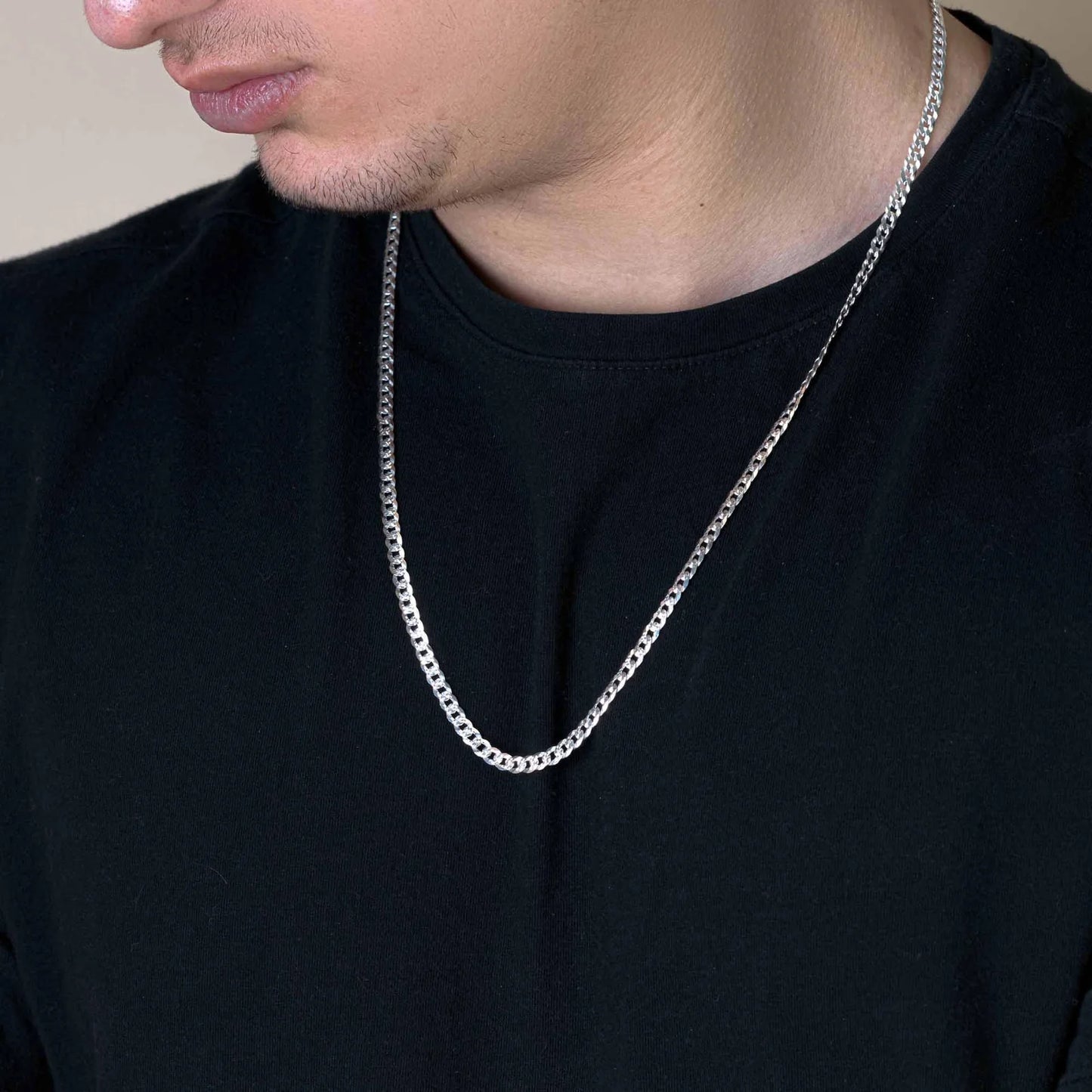 Silver Curb 120 1 Side Diamond Cut 1 Side Plain Chain 4.5mm