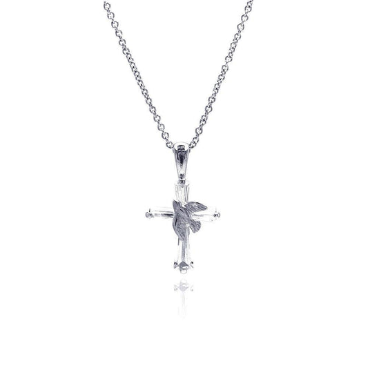 925 Sterling Silver Rhodium Plated Silver Cross Dove Pendant Necklace