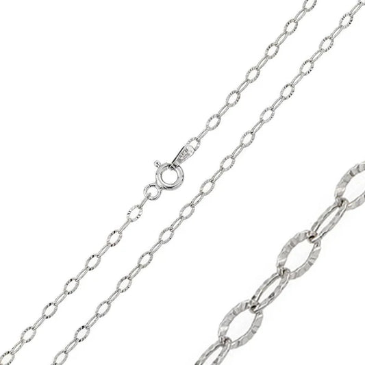 925 Sterling Silver Rhodium Plated Wide Oval Diamond Cut Link 040 Chain 2.4mm