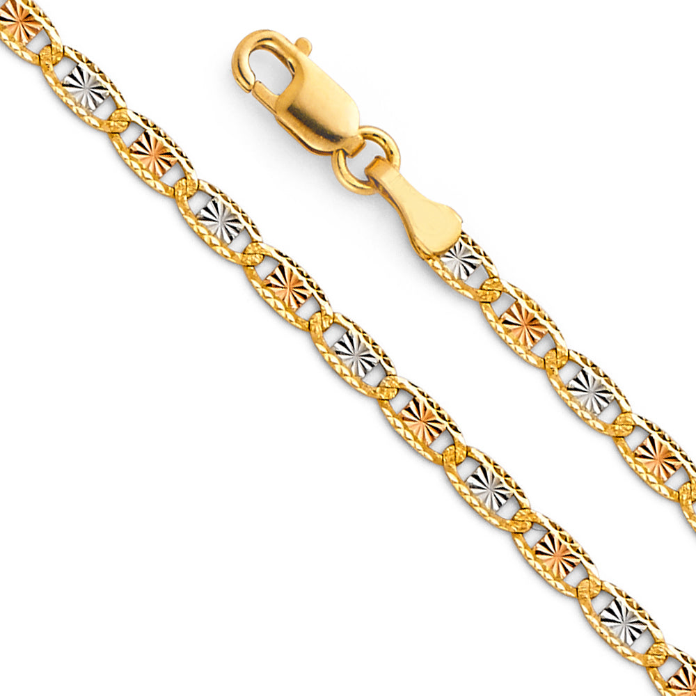14K Gold 2.5mm 14K Solid Tri-Color Gold Love Valentino DC Chain Necklaces & Matching Bracelets