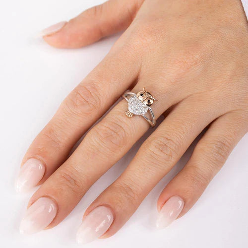 925 Sterling Silver Two-Tone CZ Owl Ring