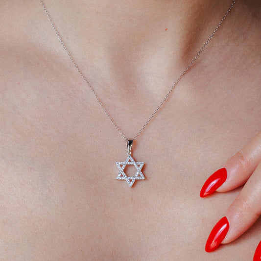 925 Sterling Silver  Rhodium Plated Hebrew Star CZ Dangling Pendant