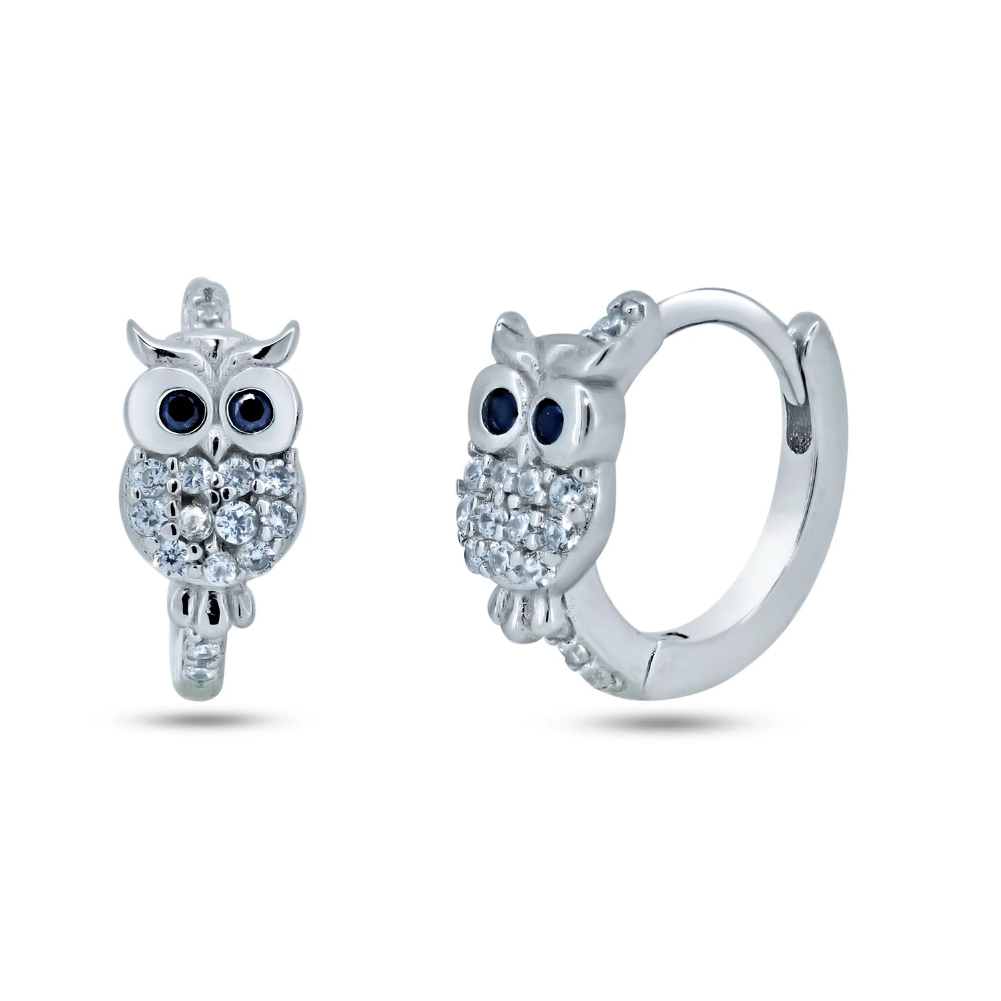 925 Sterling Silver Rhodium Plated Pave Huggie Owl Hoop Earrings