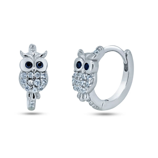 925 Sterling Silver Rhodium Plated Pave Huggie Owl Hoop Earrings