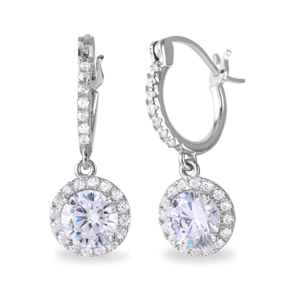 925 Sterling Silver Rhodium Plated Dangling Micro Pave Round CZ huggie hoop Earrings
