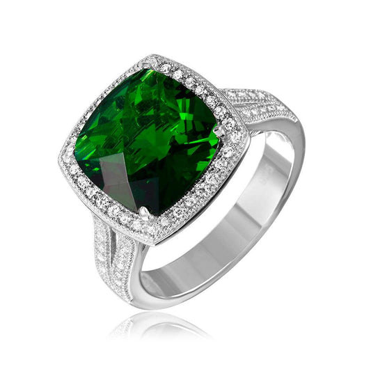 925 Sterling Silver Rhodium Plated Square Halo Green CZ Ring with Micro Pave Stones