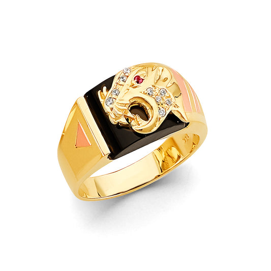14K Men’s Tri-Color Tiger Head CZ Ring with Synthetic Ruby Eye on Onyx