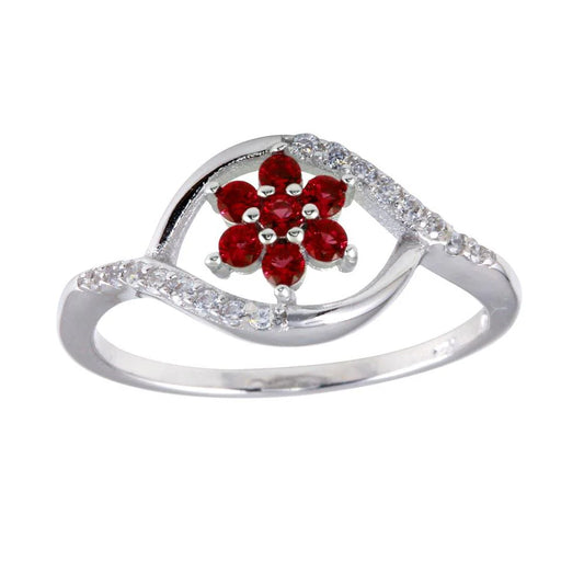 925 Sterling Silver Rhodium Plated  Wave Red Center Flower CZ Ring