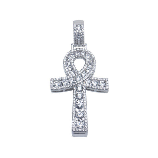 925 Sterling Silver Rhodium Plated CZ Encrusted Egyptian Ankh Cross Hip Hop Pendant