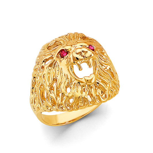 14K Men’s Lion Head Ring with Synthetic Ruby Eyes