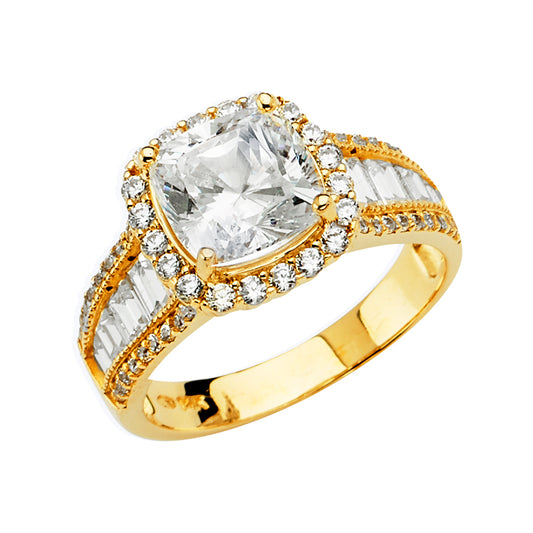 14K Yellow Gold Women's Cushion Cut Halo & Baguette Cubic Zirconia Engagement Ring
