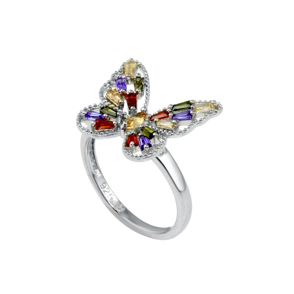 925 Sterling Silver Rhodium Plated Multi Color Baguette CZ Butterfly Ring