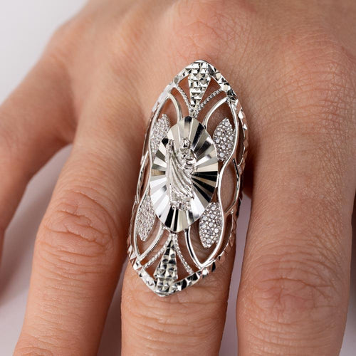 925 Sterling Silver Rhodium Plated Saint Jude CZ Filigree Ring