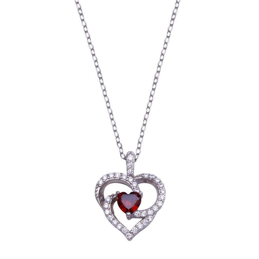 925 Sterling Silver Rhodium Plated Clear and Red Heart Necklace