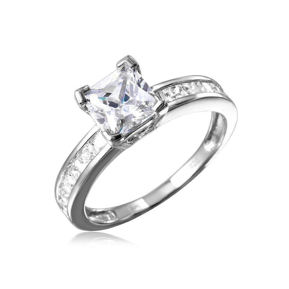 925 Sterling Silver Rhodium Plated Square Center Stone with CZ Band