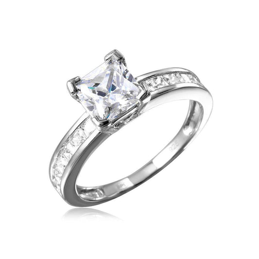 925 Sterling Silver Rhodium Plated Square Center Stone with CZ Band