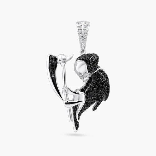 925 Sterling Silver Rhodium Plated Grim Reaper CZ Pendant