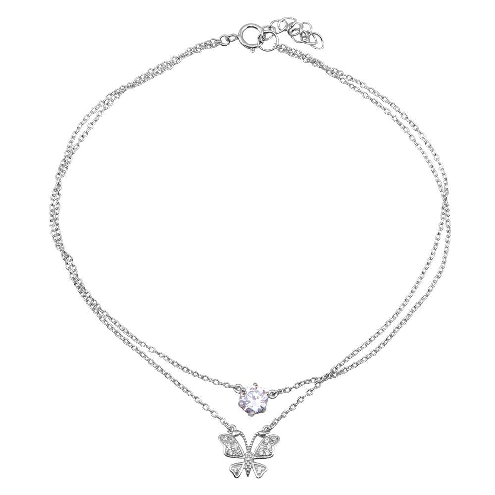 925 Sterling Silver Rhodium Plated  Anklet with Butterfly and CZ