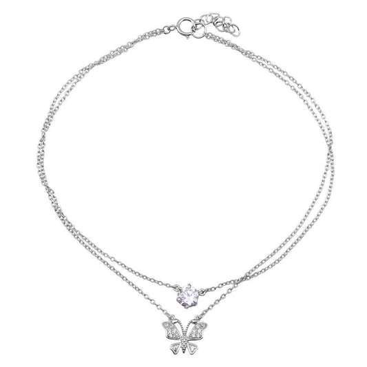 925 Sterling Silver Rhodium Plated  Anklet with Butterfly and CZ