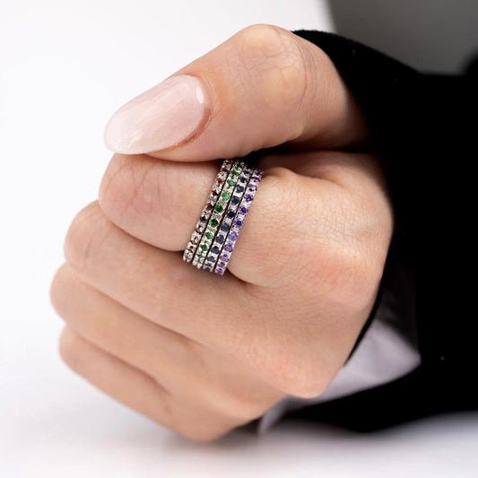 925 Sterling Silver Rhodium Plated Plated Birthstone Inlay Eternity Ring February