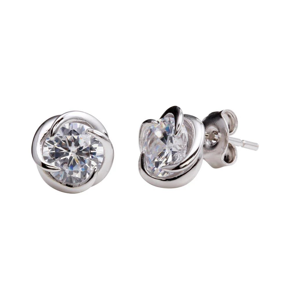 925 Sterling Silver Rhodium Plated Stud Rose Earrings with CZ Center