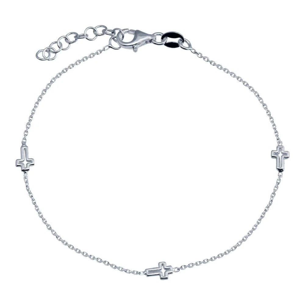925 Sterling Silver Rhodium Plated  Single Strand Bracelet with 3 Cross