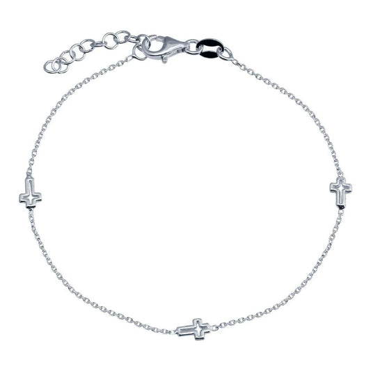925 Sterling Silver Rhodium Plated  Single Strand Bracelet with 3 Cross