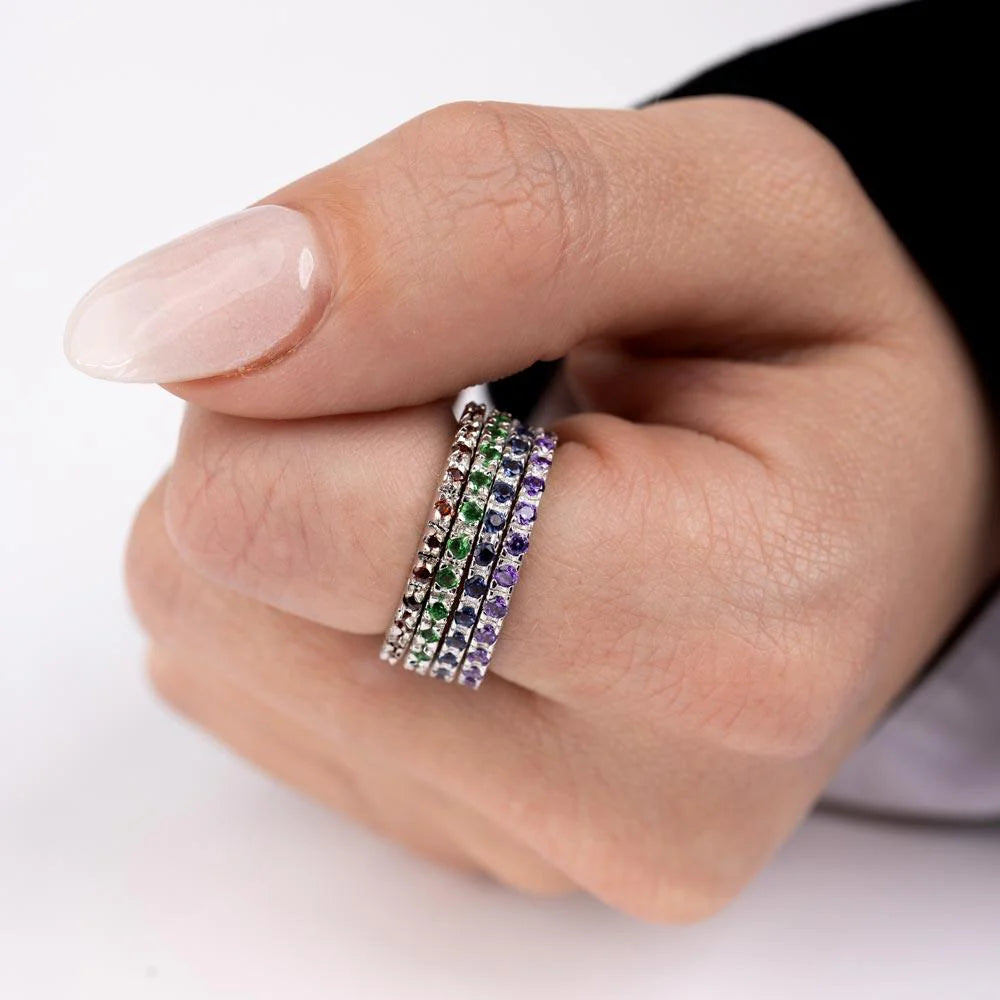 925 Sterling Silver Rhodium Plated Plated Birthstone Inlay Eternity Ring February