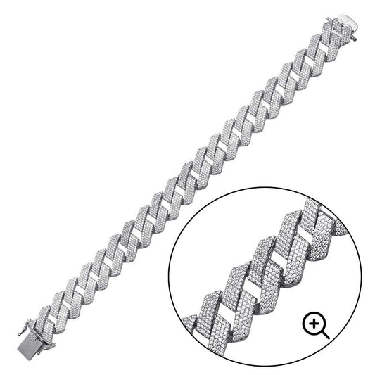 925 Sterling Silver Rhodium Plated  CZ Encrusted Square Miami Cuban Link Bracelet 17.0mm