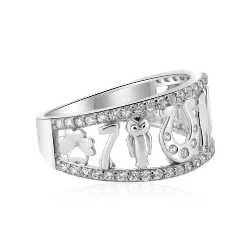 925 Sterling Silver Rhodium Plated Lucky Symbols CZ Ring