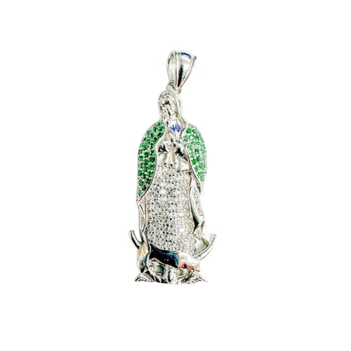 925 Sterling Silver Rhodium Plated Virgin Mary Clear and Green CZ Pendant
