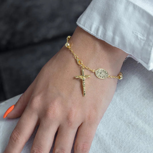 925 Sterling Silver Gold Plated Diamond Cut Rosary Bracelet