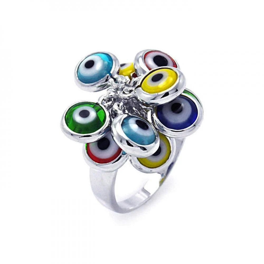 925 Sterling Silver Rhodium Plated Multi Colored Hanging Evil Eye Ring