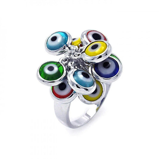 925 Sterling Silver Rhodium Plated Multi Colored Hanging Evil Eye Ring