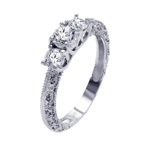 925 Sterling Silver Rhodium Plated Clear CZ Ornate Past Present Future Bridal Ring
