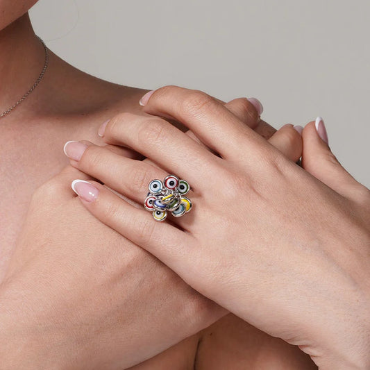 925 Sterling Silver Rhodium Plated Multi Colored Hanging Evil Eye Ring