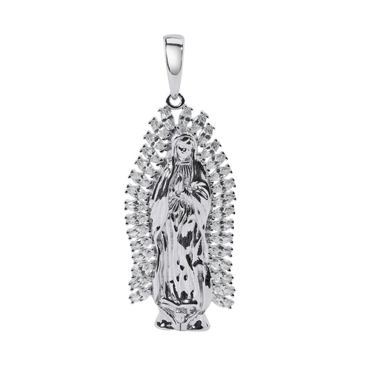 925 Sterling Silver Rhodium Plated Our Lady Of Guadalupe Baguette Clear CZ Pendant